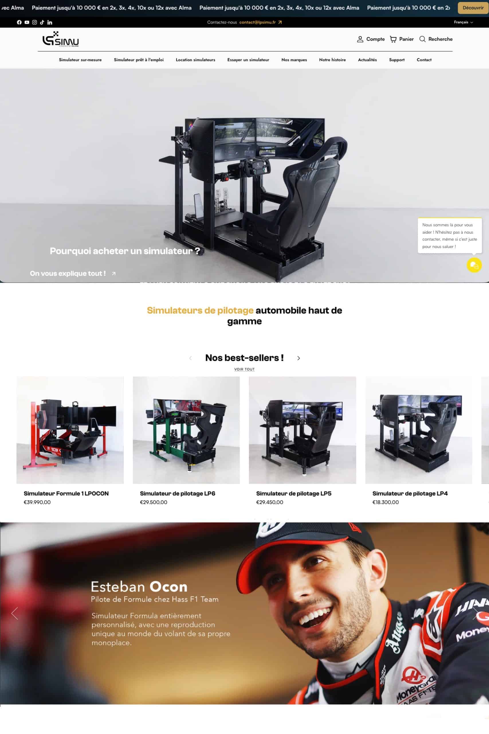Site marchand Shopify dédié à la vente de simulateurs automobiles et équipements de sim racing