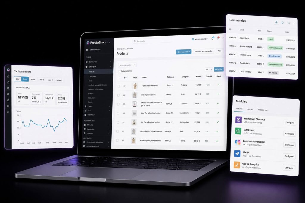 Interface d'administration PrestaShop présentant la gestion des produits, des commandes et des modules d'une boutique en ligne.