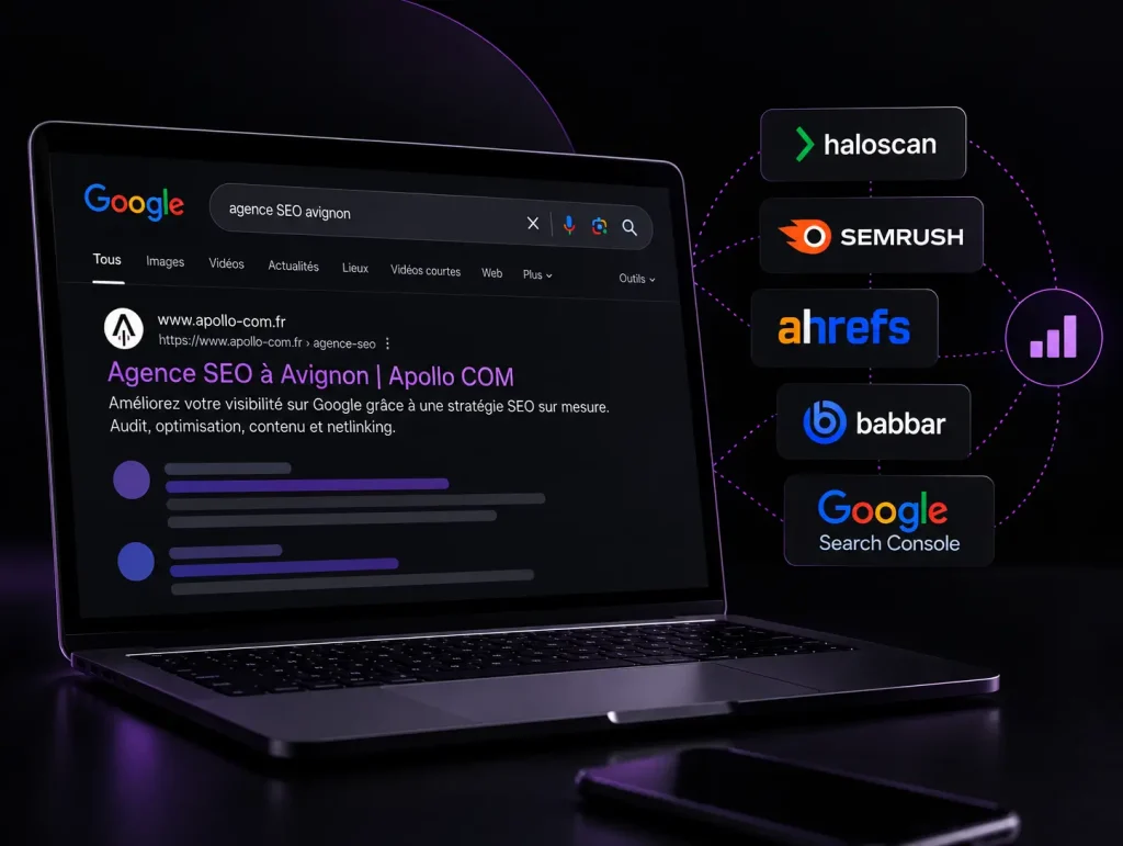 Outils SEO utilisés par Apollo COM pour analyser les mots-clés, les positions, les backlinks et les performances des sites