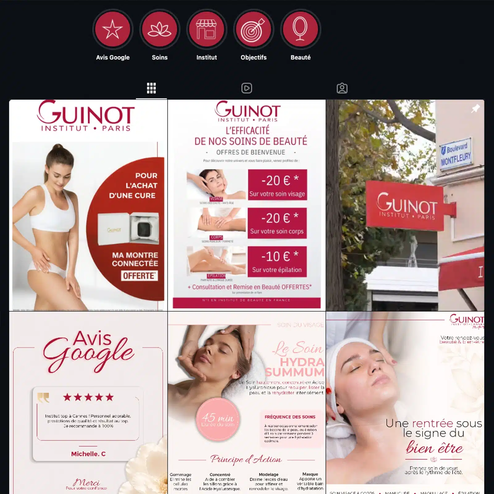 Aperçu du feed Instagram de l’Institut Guinot Cannes et des contenus créés pour les réseaux sociaux