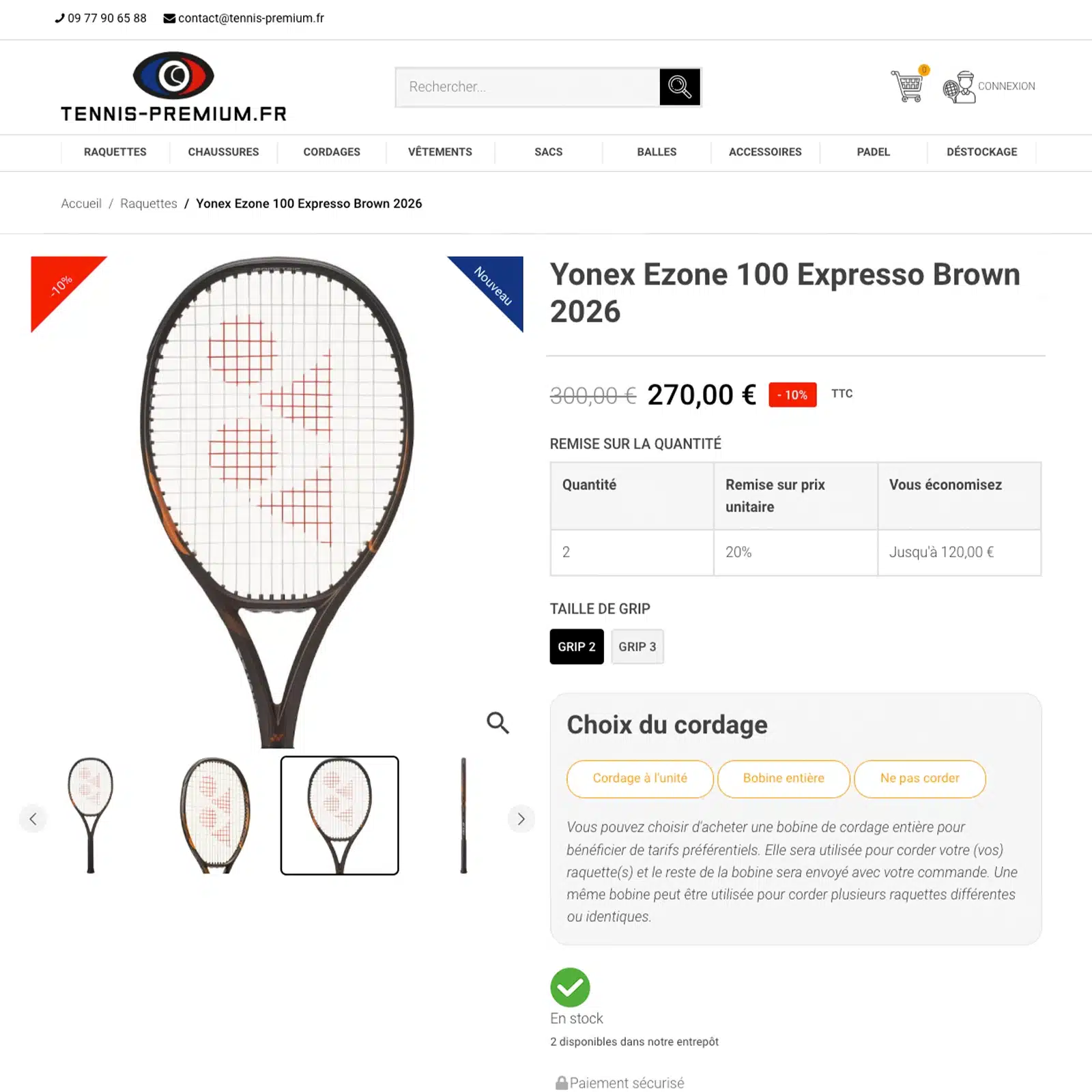 Page produit d’une raquette de tennis sur le site PrestaShop Tennis Premium