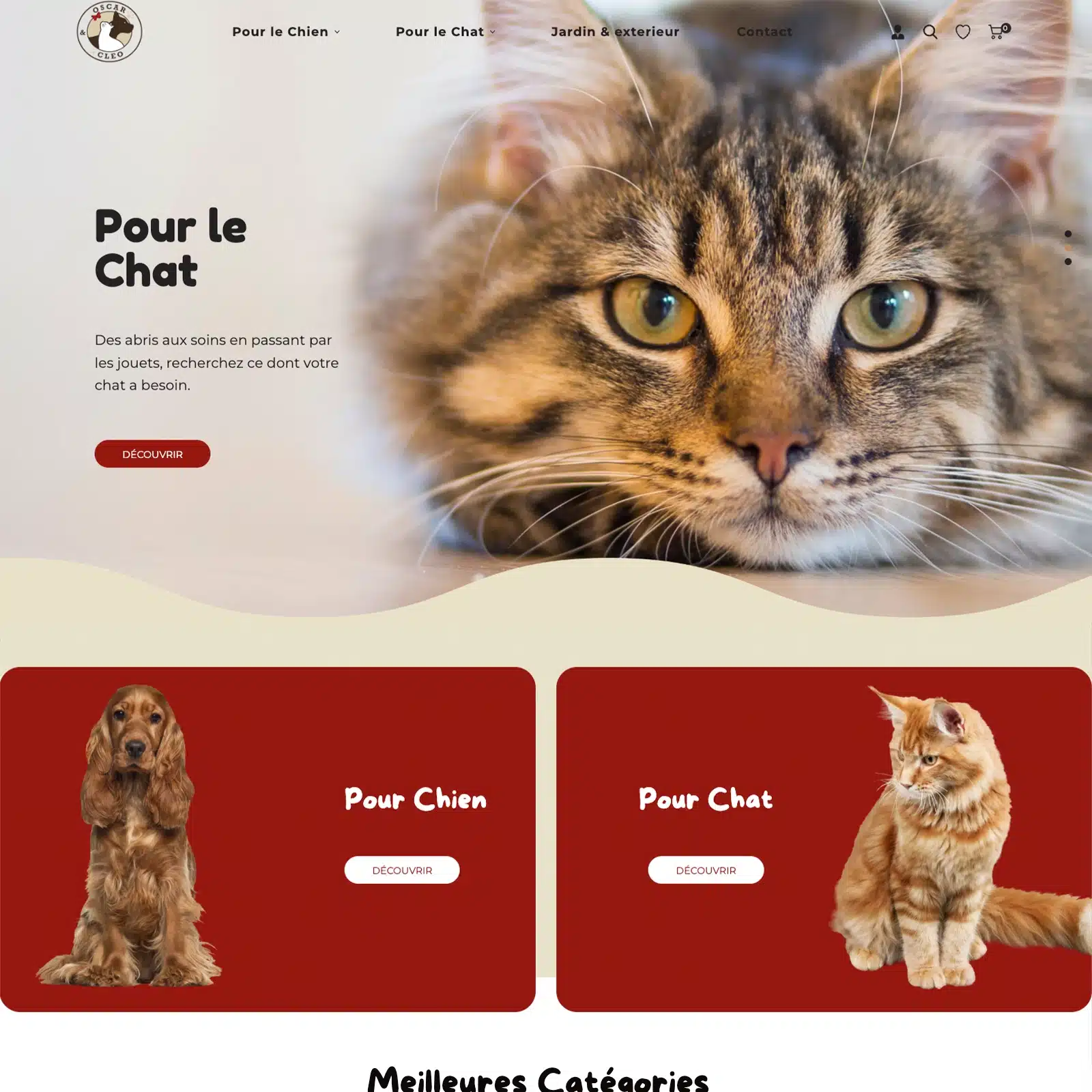 Aperçu de la boutique en ligne Shopify Oscar & Cléo dédiée aux produits pour chiens et chats
