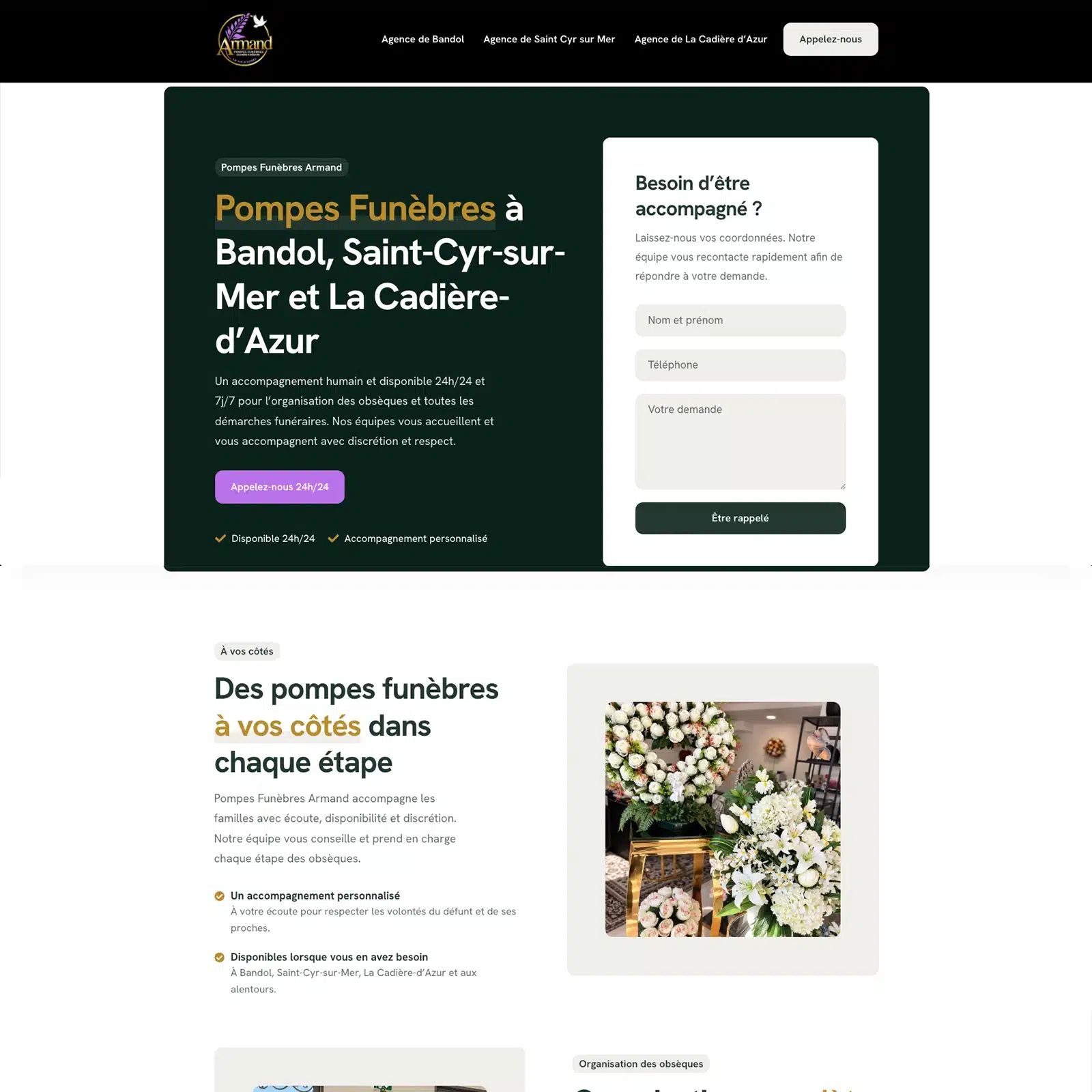 Aperçu de la landing page des Pompes Funèbres Armand dédiée aux campagnes Google Ads