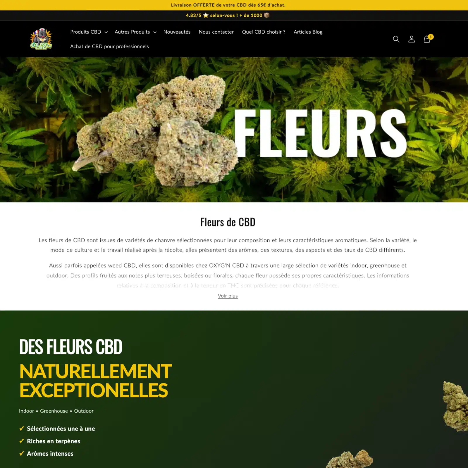 Optimisation SEO de la catégorie Fleurs CBD d’OXYG'N CBD avec H1 et contenu sémantique